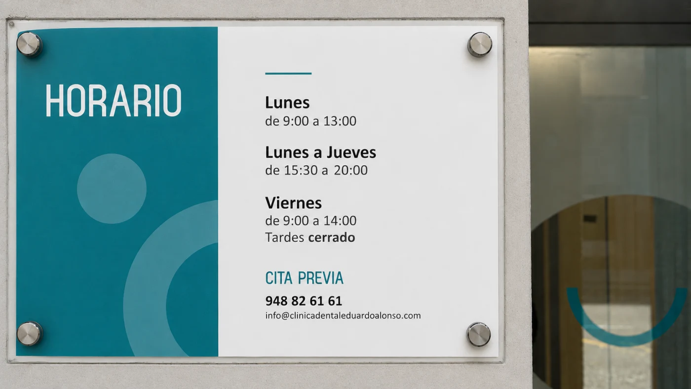 Horario de la Clínica Dental Eduardo Alonso: Lunes de 9:00 a 13:00, Lunes a Jueves de 15:30 a 20:00, Viernes de 9:00 a 14:00. Cita previa 948 82 61 61.